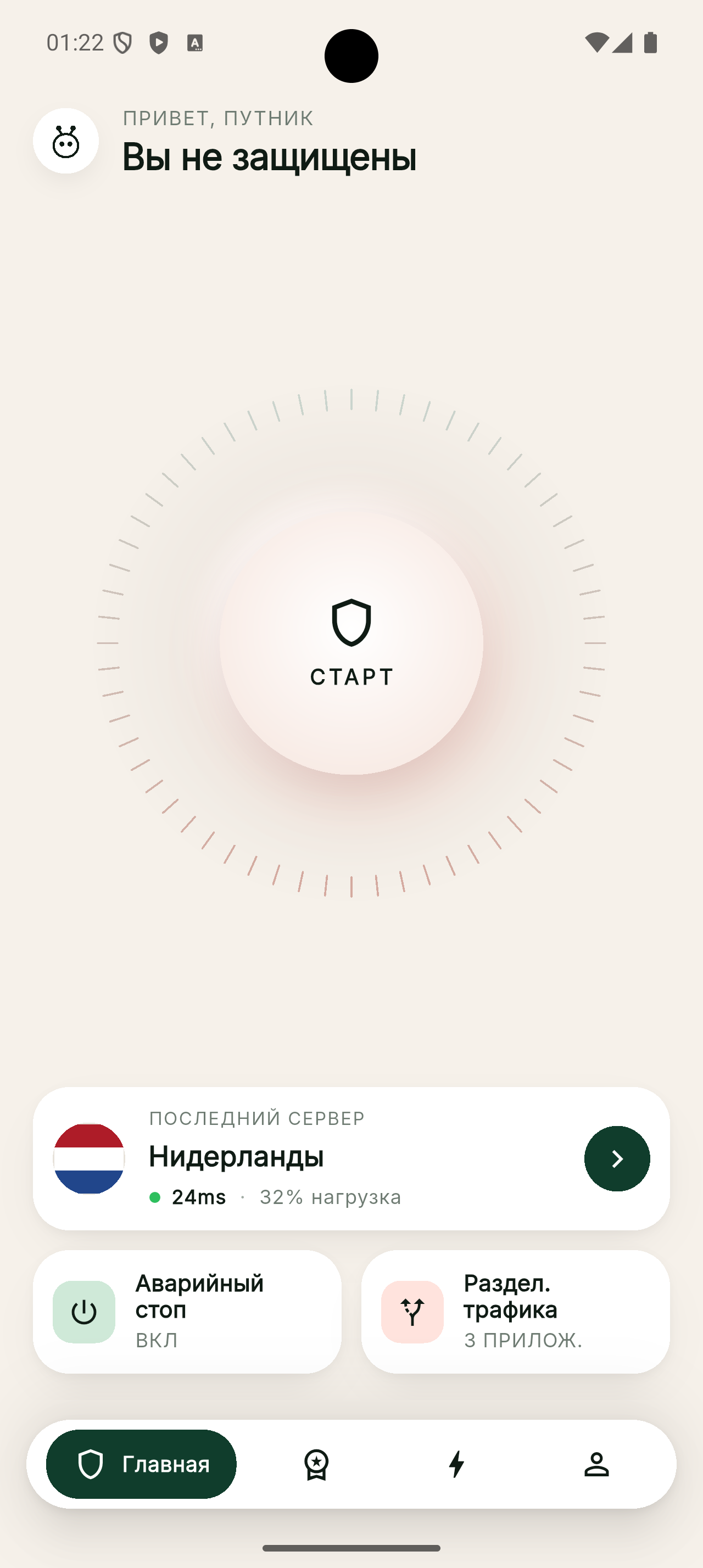 Главный экран VSEM VPN